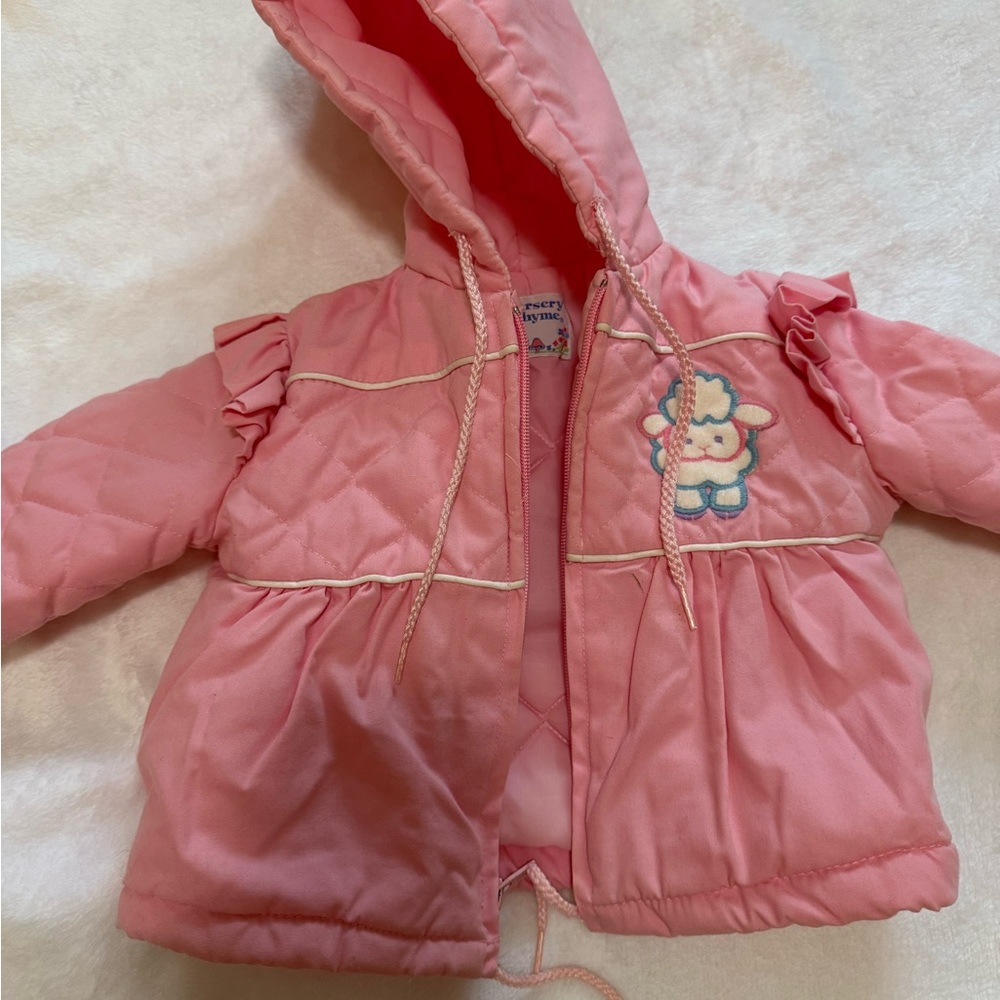 Vintage Nursery Rhyme Pink Quilted Hooded Jacket with Sheep Embroidery
